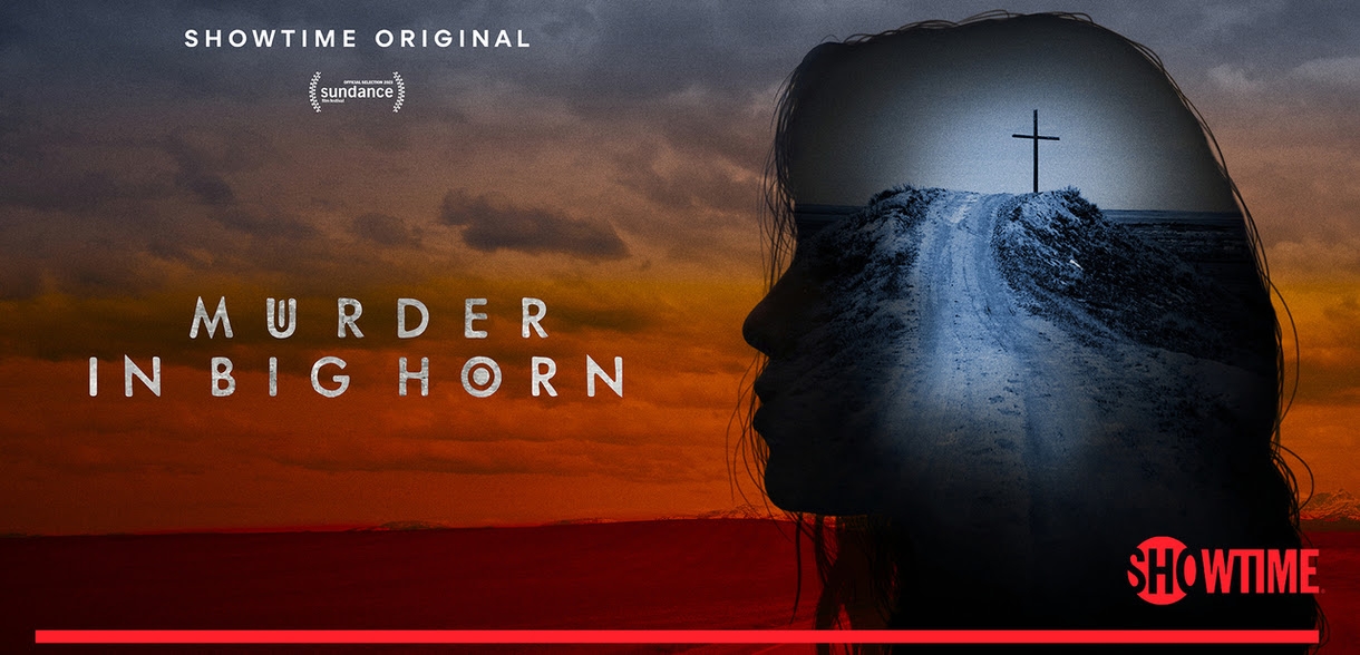 Series poster of Murder in Big Horn woman silhouette against sunset sky